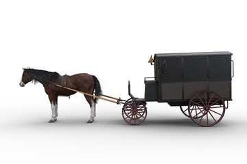 Side view of a Victorian police wagon pullled by a bay horse. 3D rendering isolated on a white background. © IG Digital Arts