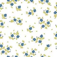 Beautiful vintage pattern. blue flowers and mustard leaves . White background. Floral seamless background. An elegant template for fashionable prints.