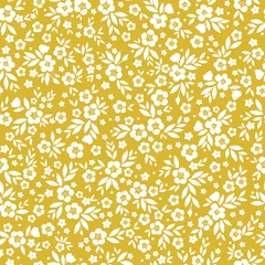Sheer curtains Small flowers Vintage floral background. Seamless vector pattern for design and fashion prints. Floral pattern with small white flowers and leaves on a yellow background.