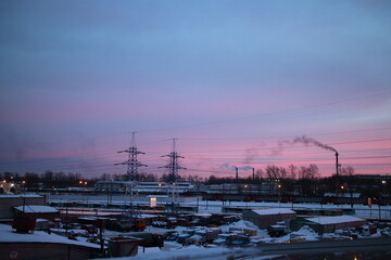Industrial City Quarter on a winter snowy evening