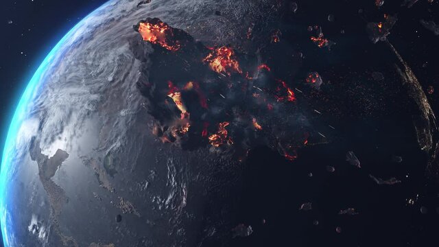 Asteroids meteors Rocks Heading planet Earth with Burning debris
Camera fly inside asteroid field Cinematic outer space view, Global danger threat Concpet, 3d rendering

