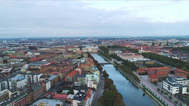 Aerial view of the downtown of the city of malmö with a river