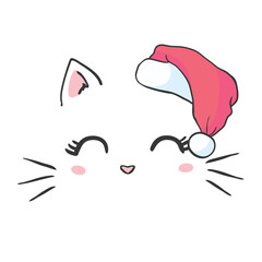 Cute kitten in a santa hat. Christmas illustration can be used for greeting cards, coloring books and stationery.