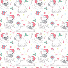 Obraz premium Dog seamless pattern Christmas. French bulldog Santa Claus Xmas hat