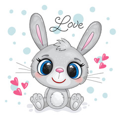 Cute cartoon rabbit with big eyes on a white background. Good for greeting cards, invitations, decoration, Print for Baby Shower etc. Hand drawn vector illustration with bunny cute print - 477493995