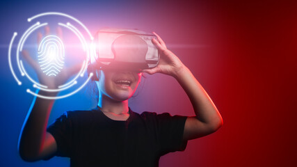 happy girl in glasses of virtual reality. Augmented reality, science, future technology concept. VR. Futuristic 3d glasses with virtual projection. Neon light.