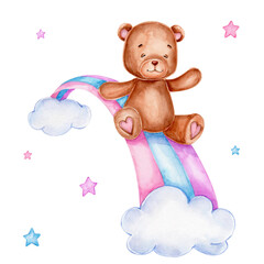 Cute teddy bear on cartoon rainbow; watercolor hand drawn illustration; with white isolated background