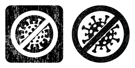 Vector stop covid-19 virus stencil icon. Grunge stop covid-19 virus seal stamp, done with icon and rounded square. Rounded square stamp seal contain stop covid-19 virus carving inside.