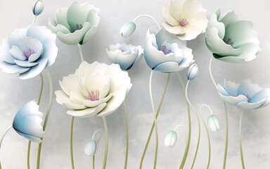 3d wallpaper jewelry colorful flowers with branches on marble background - obrazy, fototapety, plakaty