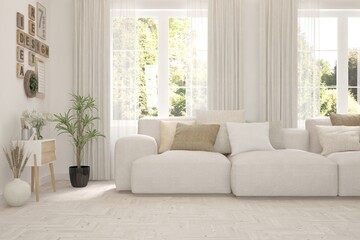 Stylish room in white color with sofa and summer landscape in window. Scandinavian interior design. 3D illustration