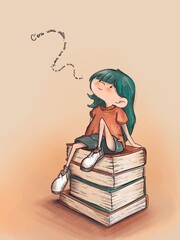 Bambina seduta su una pila di libri che dice "c'era una volta, tanto tempo fa, in un mondo fatato, lontano da qui"