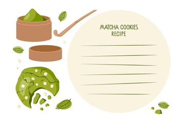 Recipe Write Template. Matcha cookies, Background for recipe. Recipe card template with blank space for writing recipe. Culinary course poster concept. Vector for wall art decor, culinary school.