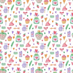 Watercolor seamless pattern for Valentine's Day. With hearts, sweets, candles, gifts and other cute elements.