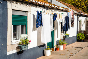 Traditional Portuguese house with laundry in Azeitao, Alentejo, Portugal