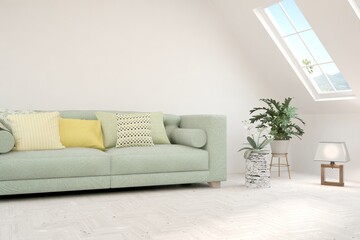 White living room with sofa. Scandinavian interior design. 3D illustration