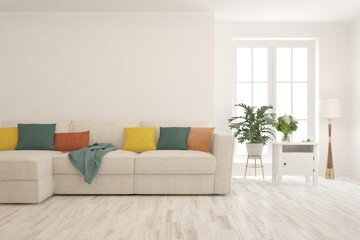 White living room with sofa. Scandinavian interior design. 3D illustration