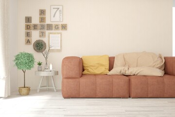 White living room with sofa. Scandinavian interior design. 3D illustration