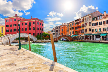 Venice canals, pier and medieval bridges, beautiful view of Italy