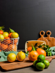 Orangen geschnitten auf dunklem Hintergrund, verschiedene Citrusfrüchte geschnitten, geschält, zerteilt