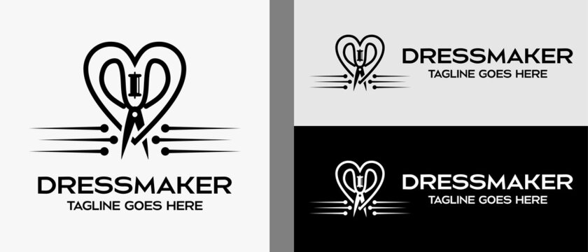 needle icon, thread and scissors icon in the heart. logo design template for tailor shop, sewing craft, textile production, confetti and garment. Vector illustration of fashion and clothes.