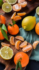 Frische Orangen auf schwarzem Hintergrund, Auswahl Orange, Mandarine, Zitrone, Limette,...