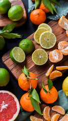 Frische Orangen auf schwarzem Hintergrund, Auswahl Orange, Mandarine, Zitrone, Limette, geschnittene und halbierte Früchte