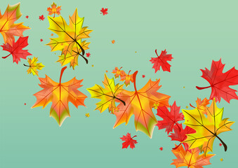 Fototapeta na wymiar Yellow Foliage Background Green Vector. Leaf Tree Card. Autumnal Beautiful Plant. Canadian Floral Texture.
