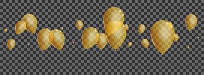 Golden Balloon Background Transparent Vector. Helium Present Template. Yellow Love Baloon. Confetti Creative Illustration.