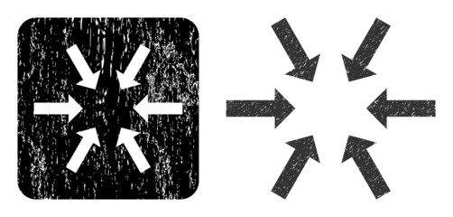 Vector compact arrows carved pictogram. Grunge compact arrows seal stamp, done from icon and rounded square. Rounded square stamp seal include compact arrows carving inside.