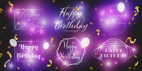 Happy birthday logos with glowing effects and bokeh with gold garlands and confetti. Glamorous glitter style, black background for birthday design for invitation or flyer. Abstract defocused circular 