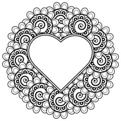Mehndi flower with frame in shape of heart. decoration in ethnic oriental, doodle ornament.