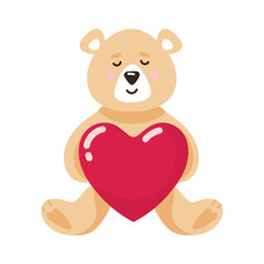 Fototapeta na wymiar Funny Teddy Bear Cartoon with a heart, a toy, on a white background suitable for February 14, Valentine's Day