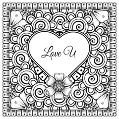 Mehndi flower with frame in shape of heart. decoration in ethnic oriental, doodle ornament.