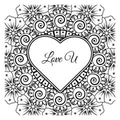 Mehndi flower with frame in shape of heart. decoration in ethnic oriental, doodle ornament.