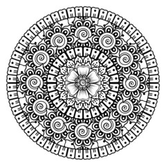 Mehndi flower for henna, mehndi, tattoo, decoration. Decorative ornament in ethnic oriental style, doodle ornament, outline hand draw. Coloring book page.