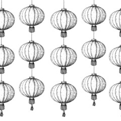 Chinese lanterns seamless pattern. Hand drawn sketch. Vector illustration. Seamless background. Asian new year red lanterns. Design template. Vintage illustration.