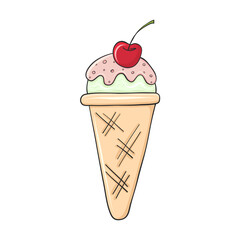 fruit ice cream in waffer cone with cherry on top