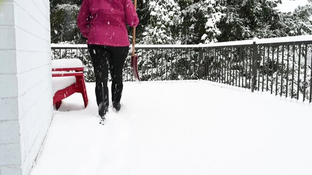 Woman clearing snow off a snow-covered deck with a plastic snow shovel, snowing in a residential back yard with fir trees in background
