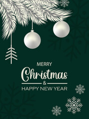 Fototapeta na wymiar Merry Christmas and Happy New Year greeting card. Cute winter illustrations with hanging Christmas tree and silver balls on a branch. Emerald background with congratulations.