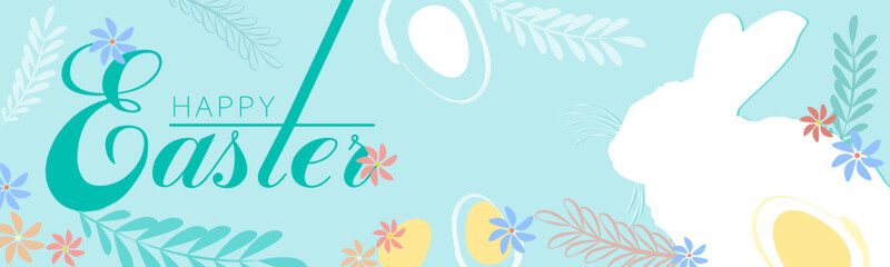 Easter banner. Pastel shades. Stylized images of nature and rabbit