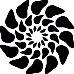 Black irregular shapes, creating round radiating odd whimsical flower, botanical, element. Transparent background. Abstract vector illustration, eps 10.