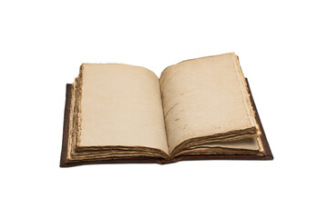 An open empty old notebook isolated on a white background.