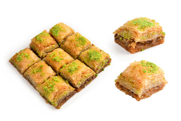 Pistachio baklava on a white background. Dessert.