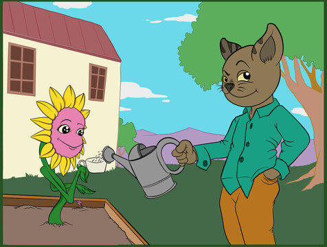 A cat character watering a living flower in a garden. Cartoon Style. Vector Illustration