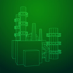 Industrial building factorie facilitie power plant with chimneys. Wireframe low poly mesh vector illustration.