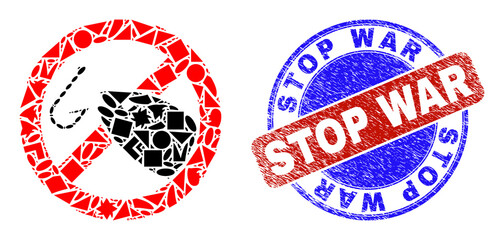 Vector mosaic no fishing icon, and bicolor Stop War grunge stamp seal. Abstract mosaic of no fishing constructed of spheric, triangle, square geometric spots.