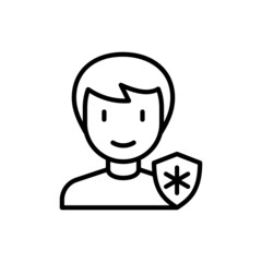 Obraz na płótnie Canvas Individual medical insurance thin line icon. Man with medical shield. Modern vector illustration.