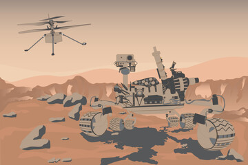Mars rover curiosity and helicopter ingenuity on the Mars surface with rocks and sand and mountains on the background. Mars exploration concept. Vector illustration. © ALEXANDR YURTCHENKO