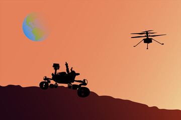 Mars rover and helicopter on the Mars surface opposite the sun with Earth planet on the packground. Mars exploration concept. Vector illustration. © ALEXANDR YURTCHENKO