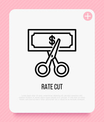 Rate cut thin line icon: scissors cutting banknote with dollar sign. Special offer. Modern vector illustration.